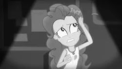 Size: 3410x1920 | Tagged: safe, derpibooru import, screencap, pinkie pie, equestria girls, equestria girls series, rarity investigates: the case of the bedazzled boot, black and white, clothes, cutie mark, cutie mark on clothes, female, geode of sugar bombs, grayscale, image, jewelry, jpeg, looking up, magical geodes, monochrome, necklace, rarity investigates (eqg): pinkie pie, solo, tanktop