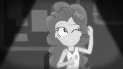 Size: 3410x1920 | Tagged: safe, derpibooru import, screencap, pinkie pie, equestria girls, equestria girls series, rarity investigates: the case of the bedazzled boot, black and white, clothes, cutie mark, cutie mark on clothes, female, geode of sugar bombs, grayscale, image, jewelry, jpeg, magical geodes, monochrome, necklace, one eye closed, rarity investigates (eqg): pinkie pie, solo, tanktop