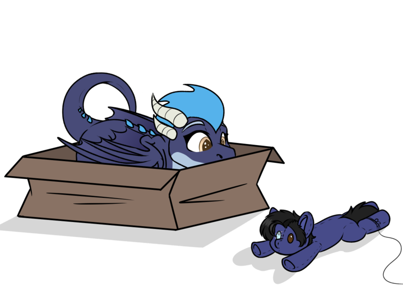 Size: 1152x821 | Tagged: safe, artist:rokosmith26, derpibooru import, oc, oc:nightshade, unofficial characters only, dragon, bait, behaving like a cat, box, commission, dragoness, female, horns, image, imminent pounce, looking at something, lying down, plushie, png, simple background, solo, string, tail, toy, transparent background, wings, ych result