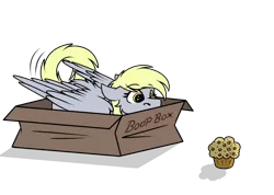 Size: 1152x821 | Tagged: safe, artist:rokosmith26, derpibooru import, derpy hooves, pegasus, pony, behaving like a cat, boop box, box, butt fluff, cheek fluff, commission, eyes on the prize, female, floppy ears, fluffy, food, if i fits i sits, image, imminent pounce, looking at something, lying down, mare, muffin, png, pony in a box, simple background, solo, tail, text, transparent background, wings, ych result