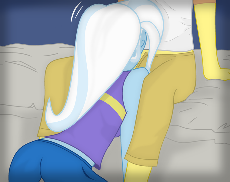 Size: 1367x1080 | Tagged: questionable, artist:grapefruit-face, derpibooru import, trixie, oc, oc:grapefruit face, equestria girls, legend of everfree, alternate costumes, ambiguous penetration, bed, canon x oc, clothed sex, clothes, derpibooru exclusive, duo, female, grapexie, image, implied blowjob, implied oral, implied sex, male, png, sex, shipping, straight, sucking
