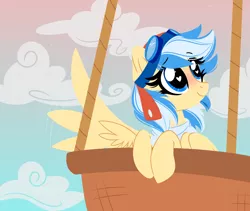 Size: 2682x2267 | Tagged: safe, artist:emberslament, derpibooru import, oc, oc:easy breezy, unofficial characters only, pegasus, pony, clothes, cloud, cute, female, goggles, happy, hot air balloon, image, lineless, looking up, mare, mascot, midair pony fair, png, scarf, solo, waving, wing flap