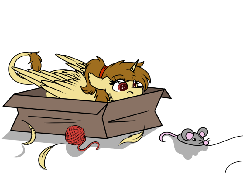 Size: 1152x821 | Tagged: safe, artist:rokosmith26, derpibooru import, part of a set, oc, oc:katya ironstead, unofficial characters only, mouse, sphinx, bait, behaving like a cat, box, commission, eyes on the prize, feather, female, floppy ears, hairband, horn, if i fits i sits, image, imminent pounce, looking at something, lying down, mouse toy, part of a series, plushie, png, ponytail, simple background, solo, sphinx oc, string, tail, toy, transparent background, wings, yarn, yarn ball, ych result