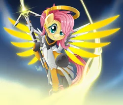 Size: 3528x3000 | Tagged: safe, artist:fadlihalimns, derpibooru import, fluttershy, pegasus, pony, 2019, crossover, female, image, mare, mercy, mercyshy, overwatch, png, smiling, solo