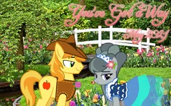 Size: 2064x1279 | Tagged: safe, anonymous artist, derpibooru import, braeburn, marble pie, earth pony, boutonnière, braeble, clothes, cowboy hat, dress, female, flower, flower in hair, garden, hat, image, lyrics in the description, male, png, shipping, shirt, smiling, song reference, spring, straight, youtube link in the description