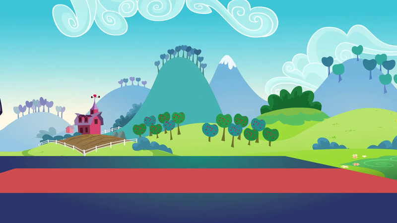 Size: 1280x720 | Tagged: safe, derpibooru import, screencap, the mane attraction, apple, apple tree, background, cloud, day, food, hill, image, mountain, no pony, png, scene, scenic ponyville, tree