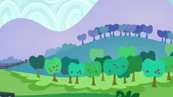 Size: 1280x720 | Tagged: safe, derpibooru import, screencap, the mane attraction, apple, apple tree, background, cloud, day, food, hill, image, mountain, no pony, png, scenery, scenic ponyville, tree