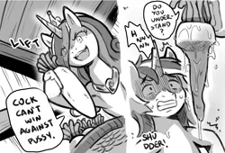 Size: 1888x1284 | Tagged: suggestive, artist:cold-blooded-twilight, derpibooru import, princess cadance, shining armor, comic, crushing, dialogue, fear, grin, image, manga style, monochrome, parody, png, radish, shivering, smiling, speech bubble