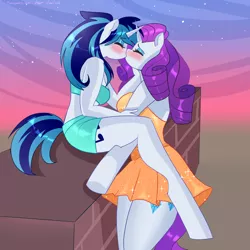 Size: 4000x4000 | Tagged: safe, artist:xjenn9, derpibooru import, rarity, vinyl scratch, anthro, unguligrade anthro, unicorn, blushing, female, image, kissing, lesbian, png, rariscratch, rarity kissing series, shipping