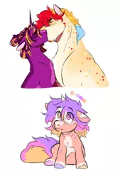 Size: 772x1143 | Tagged: safe, artist:halfcrazydaisy, derpibooru import, oc, oc:hill sprint, oc:page turner, oc:raydience, earth pony, pony, unicorn, body freckles, eye clipping through hair, female, filly, floppy ears, freckles, gay, height difference, image, kissing, magical gay spawn, magical lesbian spawn, male, oc x oc, offspring, parent:applejack, parent:oc:hill sprint, parent:oc:page turner, parent:rainbow dash, parent:tempest shadow, parent:twilight sparkle, parents:appledash, parents:oc x oc, parents:tempestlight, png, shipping, simple background, sitting, stallion, white background