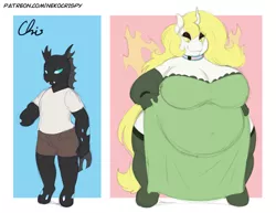 Size: 1155x892 | Tagged: safe, artist:nekocrispy, derpibooru import, oc, oc:aurora industry (ic), anthro, changeling, arthropod, belly, big belly, big breasts, breasts, clothes, collar, dress, equine, fat, female, fictional species, flag, green eyes, huge breasts, image, male to female, morbidly obese, obese, png, pride, pride flag, rule 63, simple background, trans female, transgender, transgender pride flag, transition, weight gain, wide hips