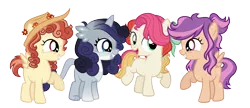 Size: 1473x637 | Tagged: safe, artist:xxcheerupxxx, derpibooru import, oc, oc:blaze sprint, oc:color harvest, oc:northern feather, oc:rose dawn, unofficial characters only, earth pony, hippogriff, hybrid, pegasus, pony, female, filly, hat, image, magical lesbian spawn, magical threesome spawn, offspring, parent:apple bloom, parent:babs seed, parent:coconut cream, parent:cozy glow, parent:gabby, parent:scootaloo, parent:sweetie belle, parent:toola roola, parent:wind sprint, png, simple background, transparent background