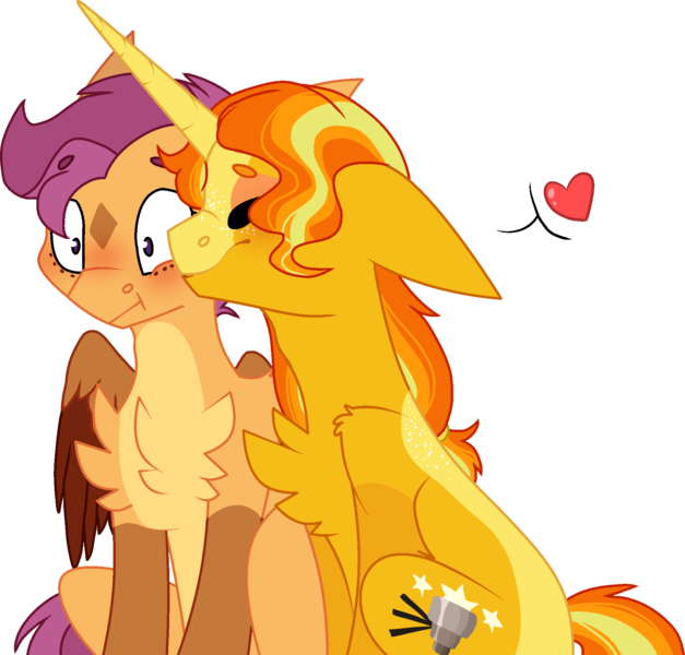 Size: 1901x1820 | Tagged: safe, artist:rickysocks, derpibooru import, gilded lily, scootaloo, pony, chest fluff, female, heart, image, kiss on the cheek, kissing, lesbian, older, older gilded lily, older scootaloo, png, scootalily, shipping, simple background, transparent background