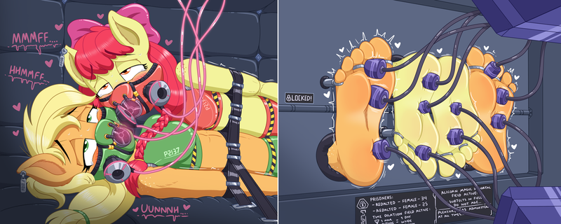 Size: 2108x843 | Tagged: questionable, alternate version, artist:caroo, derpibooru import, apple bloom, applejack, anthro, earth pony, plantigrade anthro, applesub, bloomsub, blushing, bondage, bound together, braid, breasts, crying, ear tag, feet, female, femsub, fetish, foot fetish, foot focus, freckles, gas, gas mask, image, latex, latex suit, lidded eyes, magic, mask, muffled moaning, older, older apple bloom, padded cell, pleasure, png, sex toy, shoulder freckles, siblings, sisters, soles, squirming, stocks, straps, submissive, sweat, tears of pleasure, teary eyes, toes, toe tied, vibrator