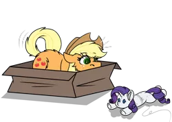 Size: 1152x821 | Tagged: safe, artist:rokosmith26, derpibooru import, part of a set, applejack, rarity, earth pony, pony, bait, behaving like a cat, box, butt fluff, cheek fluff, commission, commissioner:raritybro, cowboy hat, cute, eyes on the prize, female, floppy ears, fluffy, freckles, hat, if i fits i sits, image, imminent pounce, implied lesbian, implied rarijack, implied shipping, jackabetes, looking at something, lying down, mare, part of a series, plushie, png, pony in a box, roko's hunting ponies, simple background, solo, string, tail, toy, transparent background, ych result