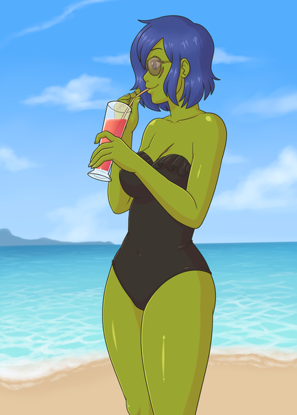 Size: 2013x2816 | Tagged: safe, artist:rapps, derpibooru import, oc, oc:rally flag, oc:sky pennant, unofficial characters only, equestria girls, beach, blue hair, breasts, cleavage, clothes, cocktail, drink, drinking, drinking straw, female, green skin, happy, high res, image, looking to side, one-piece swimsuit, outdoors, png, rule 63, sand, scar, shiny hair, shiny skin, short hair, smiling, solo, solo female, sunglasses, swimsuit, tomboy, water