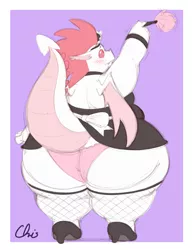 Size: 2550x3300 | Tagged: source needed, suggestive, artist:nekocrispy, derpibooru import, fizzle, oc, dragon, clothes, crossdressing, dragoness, dragon oc, duster, fat, female, high heels, high res, image, maid, obese, panties, png, shoes, solo, underwear
