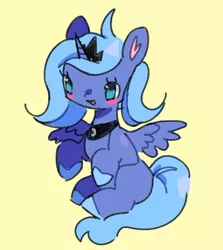 Size: 810x909 | Tagged: safe, artist:mesqrit, derpibooru import, princess luna, alicorn, pony, blush sticker, blushing, crown, cute, female, filly, image, jewelry, jpeg, lunabetes, no pupils, open mouth, regalia, simple background, solo, woona, yellow background, younger