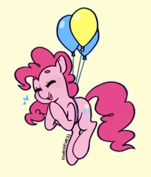 Size: 640x748 | Tagged: safe, artist:fewderpewders, derpibooru import, pinkie pie, earth pony, pony, balloon, cute, diapinkes, eyes closed, female, floating, heart, image, mare, open mouth, png, simple background, smiling, solo, then watch her balloons lift her up to the sky, yellow background