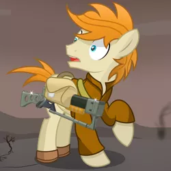 Size: 3000x3000 | Tagged: safe, artist:pizzamovies, derpibooru import, oc, oc:pizzamovies, unofficial characters only, earth pony, pony, fallout equestria, battle saddle, clothes, earth pony oc, high res, image, laser rifle, looking at something, male, png, solo, stallion, wasteland
