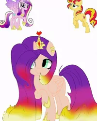 Size: 640x800 | Tagged: safe, artist:_goddesskatie_, derpibooru import, princess cadance, sunset shimmer, alicorn, pony, background removed, base used, ear piercing, earring, eyelashes, female, fusion, hoof shoes, horn, image, jewelry, jpeg, mare, piercing, raised hoof, simple background, smiling, tiara, white background, wings