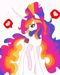 Size: 640x800 | Tagged: safe, alternate version, artist:_goddesskatie_, derpibooru import, ponified, pony, background removed, curved horn, eyelashes, female, heart, horn, image, instagram, jpeg, looking back, mare, simple background, smiling, solo, white background