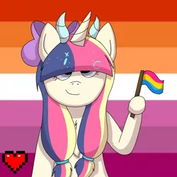 Size: 1000x1000 | Tagged: safe, artist:shycookieq, derpibooru import, oc, unofficial characters only, pony, unicorn, bust, commission, female, flag, heart, hoof hold, horn, image, lesbian pride flag, mare, png, pride, pride flag, smiling, solo, unicorn oc, ych result