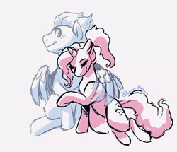 Size: 2516x2166 | Tagged: safe, artist:overlordneon, derpibooru import, fleetfoot, luster dawn, pegasus, pony, unicorn, cuddling, female, hug, image, jpeg, lesbian, lusterfoot, shipping, smiling, winghug, wings