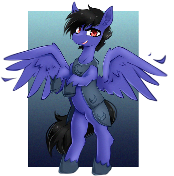 Size: 1932x1954 | Tagged: safe, artist:kamushek228, derpibooru import, oc, oc:jet black, unofficial characters only, pegasus, pony, armor, feather, image, male, png, solo, stallion