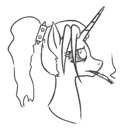 Size: 498x515 | Tagged: safe, artist:jargon scott, derpibooru import, oc, oc:dyx, unofficial characters only, alicorn, pony, black and white, bust, cigarette, female, grayscale, image, mare, monochrome, png, profile, simple background, smoking, solo, white background