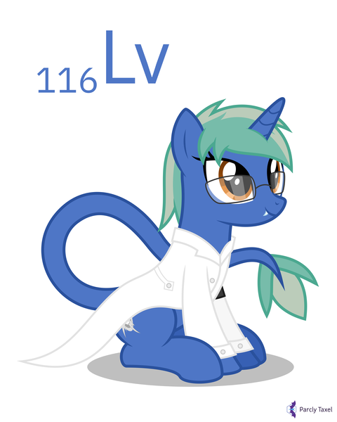Size: 4000x5000 | Tagged: safe, artist:parclytaxel, derpibooru import, oc, oc:nova spark, unofficial characters only, monster pony, original species, pony, tatzlpony, unicorn, series:joycall6's periodic table, .svg available, absurd resolution, chemistry, clothes, fangs, female, glasses, image, lab coat, livermorium, mare, monthly reward, periodic table, png, simple background, sitting, smiling, solo, vector, white background