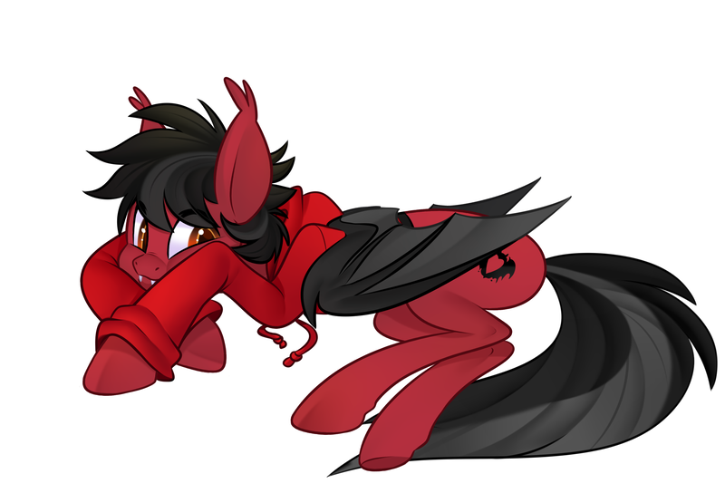 Size: 2500x1700 | Tagged: safe, artist:xvostik, derpibooru import, ponified, bat pony, pony, bat wings, clothes, commission, ear fluff, emo, fall out boy, fangs, folded wings, hoodie, image, lying down, male, messy mane, messy tail, pete wentz, png, prone, solo, stallion, wings, ych result