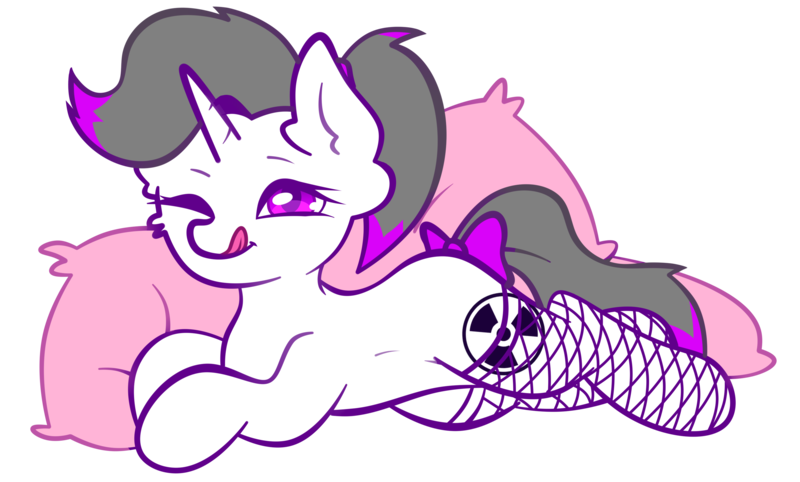 Size: 3456x2084 | Tagged: safe, artist:sb66, derpibooru import, oc, oc:hazel radiate, unofficial characters only, pony, unicorn, bow, commission, commissioner:biohazard, female, fishnets, high res, highlights, horn, image, licking, licking lips, looking at you, lying down, mare, one eye closed, pillow, png, ponytail, radiation sign, smiling, solo, tail bow, tongue out, unicorn oc, wink, ych result