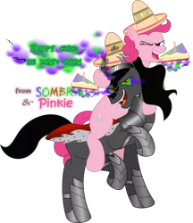 Size: 3732x4318 | Tagged: safe, artist:lincolnbrewsterfan, derpibooru import, king sombra, pinkie pie, earth pony, pony, umbrum, unicorn, .svg available, armor, aura, balloon, belly button, birthday, birthday cake, birthday candle, birthday candles, bubble, cake, candle, cape, cinco de mayo, cinco de mayo 2021, clothes, colored horn, curved horn, cute, dark magic, derpibooru exclusive, determined smile, diapinkes, ethereal mane, ethereal tail, eye, fangs, female, flowing mane, flowing tail, food, glow, hoof around neck, hoof on head, horn, image, inkscape, levitation, lifted leg, lightning, looking at you, magic, magic aura, male, mane, mare, no base, one eye closed, pinkie pie's birthday, png, ponies riding ponies, prancing, raised hoof, riding, robe, royal cape, shipping, shoes, simple background, smiling, smiling at you, smoke, sombra eyes, sombra horn, sombradorable, sombrapie, sombrero, stallion, straight, telekinesis, text, transparent background, vector, wink, winking at you