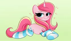 Size: 4096x2376 | Tagged: safe, artist:kittyrosie, derpibooru import, oc, oc:rosa flame, pony, unicorn, blushing, clothes, horn, image, jpeg, socks, striped socks, unicorn oc