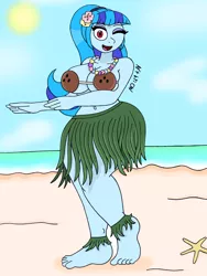 Size: 1932x2576 | Tagged: safe, artist:c_w, derpibooru import, sonata dusk, equestria girls, beach, big breasts, bikini, bikini top, breasts, busty sonata dusk, cleavage, clothes, coconut, coconut bikini, eyelashes, eyeshadow, feet, flower, flower in hair, food, hips, hula dance, hulanata, image, jpeg, looking at you, makeup, one eye closed, open mouth, plump, swimsuit, thighs, wink, winking at you