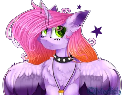 Size: 2770x2165 | Tagged: safe, artist:mediasmile666, derpibooru import, oc, unofficial characters only, pegasus, pony, bust, choker, colored wings, female, image, jewelry, looking at you, mare, pendant, png, simple background, smiling, solo, spiked choker, transparent background, wings