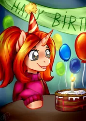 Size: 1283x1800 | Tagged: safe, artist:megabait, derpibooru import, oc, oc:dream, pony, unicorn, balloon, birthday, cake, candle, food, hat, image, jpeg, party, party hat