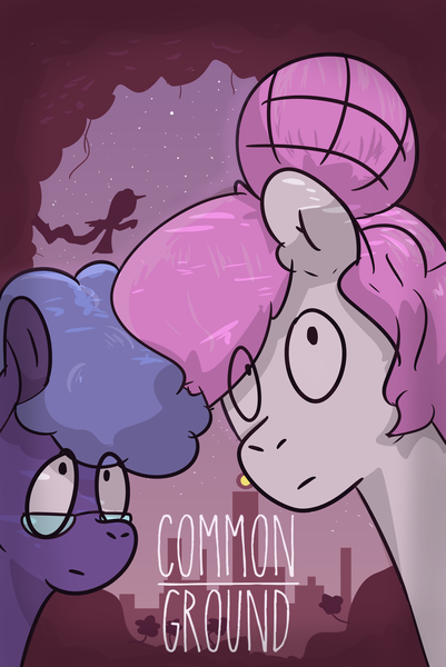 Size: 6331x9472 | Tagged: safe, artist:azulejo, derpibooru import, princess celestia, princess luna, earth pony, pony, fanfic, fanfic:common ground, absurd resolution, city, cover, fanfic art, fanfic cover, female, glasses, image, mare, nerd, pink-mane celestia, png, race swap, royal sisters, siblings, sisters, text