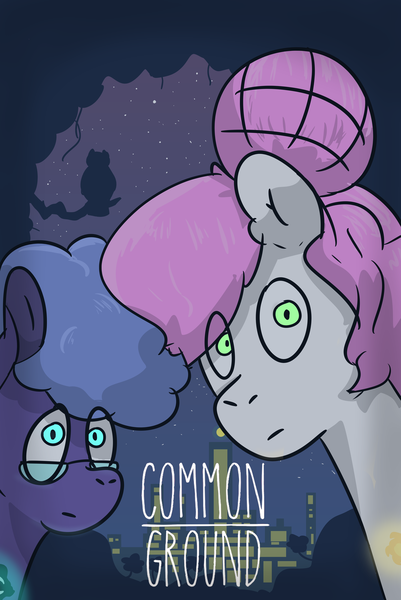 Size: 6331x9472 | Tagged: safe, alternate version, artist:azulejo, derpibooru import, princess celestia, princess luna, earth pony, pony, fanfic, fanfic:common ground, absurd resolution, city, cover, cutie mark, fanfic art, fanfic cover, female, glasses, image, mare, nerd, night, pink-mane celestia, png, race swap, royal sisters, siblings, sisters, text