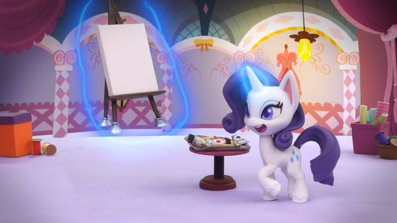 Size: 1920x1080 | Tagged: safe, derpibooru import, screencap, rarity, pony, my little pony: stop motion short, rarity's paintful pony portrait, easel, image, magic, png, solo, stop motion