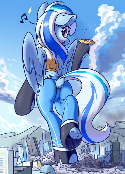 Size: 1300x1800 | Tagged: suggestive, artist:ravistdash, derpibooru import, oc, oc:ravist, unofficial characters only, pegasus, pony, bipedal, building, butt, city, clothes, destruction, dock, fetish, image, jacket, macro, mountain, outfit, pants, plane, planet, png, rampage, smiling, socks, solo, underhoof, wings