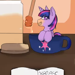 Size: 1000x1000 | Tagged: safe, artist:freakdreams, derpibooru import, twilight sparkle, pony, cup, cup of pony, female, food, grin, heart eyes, honey, image, mare, micro, mug, png, smiling, tiny, tiny ponies, wingding eyes