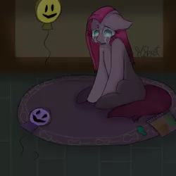 Size: 1000x1000 | Tagged: safe, artist:freakdreams, derpibooru import, pinkie pie, earth pony, pony, balloon, crying, female, floppy ears, image, mare, pinkamena diane pie, png, sad, sitting, smiley face, solo, white pupils