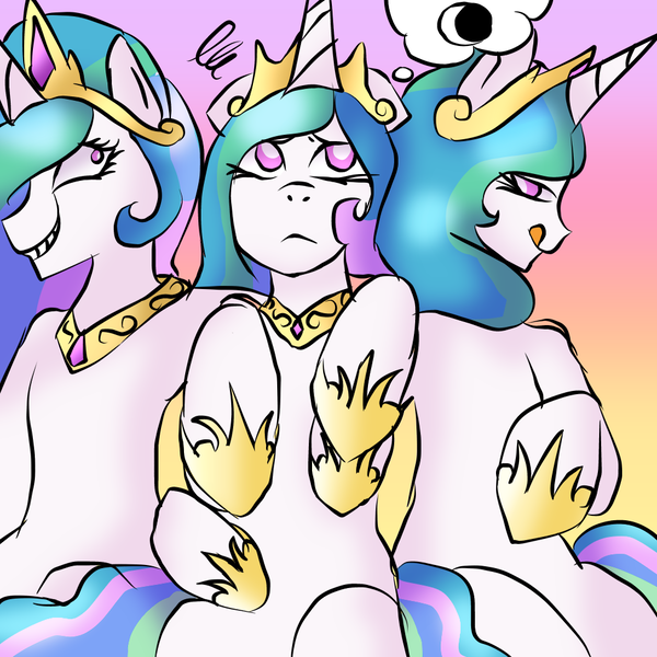 Size: 1000x1000 | Tagged: safe, artist:freakdreams, derpibooru import, princess celestia, alicorn, pony, celestellation, celestia is not amused, female, gradient background, grin, image, licking, licking lips, mare, multeity, png, self ponidox, shrunken pupils, smiling, thought bubble, tongue out, triality, unamused, white pupils