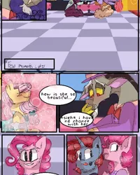 Size: 540x676 | Tagged: safe, artist:cocolove2176, derpibooru import, discord, fluttershy, pinkie pie, oc, draconequus, pegasus, pony, unicorn, comic:fluttering chaos, blushing, bowtie, bust, clothes, comic, discoshy, eyes closed, female, headworn microphone, horn, image, indoors, jpeg, male, shipping, straight, suit, unicorn oc