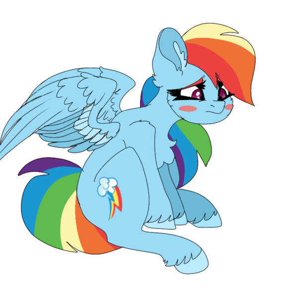 Size: 768x768 | Tagged: safe, artist:moodi, derpibooru import, rainbow dash, pegasus, pony, blush sticker, blushing, chest fluff, ear fluff, image, png, redraw, sad, sitting, solo, unshorn fetlocks, wings