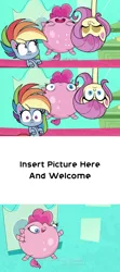 Size: 1000x2262 | Tagged: safe, derpibooru import, edit, edited screencap, screencap, fluttershy, pinkie pie, rainbow dash, earth pony, inflatable pony, pegasus, pony, my little pony: pony life, potion mystery, spoiler:pony life s01e13, balloonie pie, comic, eyes closed, female, image, inflatable, inflation, jpeg, laughing, long neck, meme, meme template, screencap comic, solo, template, trio, trio female