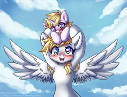 Size: 1317x1000 | Tagged: safe, artist:chaosangeldesu, derpibooru import, derpy hooves, dinky hooves, pegasus, pony, unicorn, blushing, duo, duo female, female, filly, image, mare, mother and child, mother and daughter, open mouth, open smile, png, pony hat, smiling, spread wings, wings