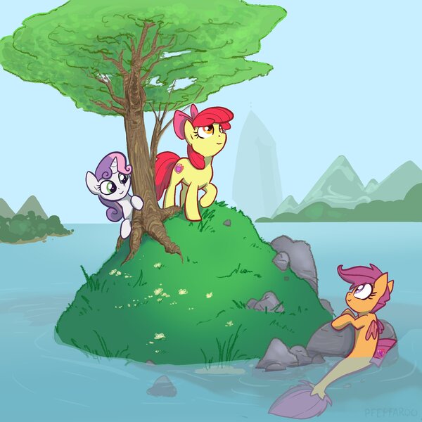 Size: 2048x2048 | Tagged: safe, artist:pfeffaroo, derpibooru import, apple bloom, scootaloo, sweetie belle, earth pony, pony, seapony (g4), unicorn, cutie mark crusaders, image, island, jpeg, mount aris, ocean, seaponified, seapony scootaloo, species swap, trio